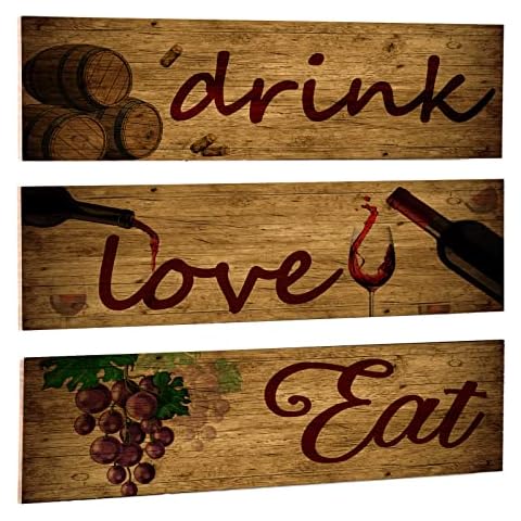 3 Pieces Red Wine Wall Art Wooden Barrel Wall Plaque Love,Eat ,Drink Wood Signs Food Kitchen Decor Fruit Grape Wall Decor Retro Wine Cup /Bottle Picture for Dining Room Wine Cellar Artwork (Wood) Cover