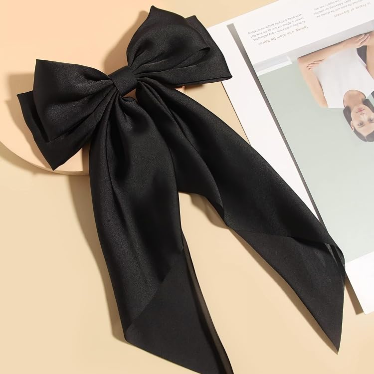 Image of FilterFashion Big Satin Layered Hair Bows for Women Girls 11.5 Inch Barrette Hair Clip Long Back Ribbon Bows French Style Hair Accessories (Black)