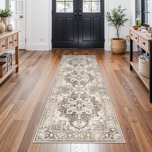 Washable Hallway Runner Rug 2x6: Soft Kitchen Rug Non Slip Rug Runner with Rubber Backing for Living Room Bedroom Bathroom Non Shedding Farmhouse Carpet Runner Rug (Beige, 2X6)