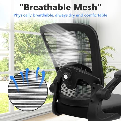 Image of KLASIKA Desk Chairs with Wheels, Ergonomic Mesh Back PU Leather Seat Home Office Adjustable Lumbar Support and Height Swivel Rolling Computer Task Chair with Flip Up Arms for Conference, Black, 2PK