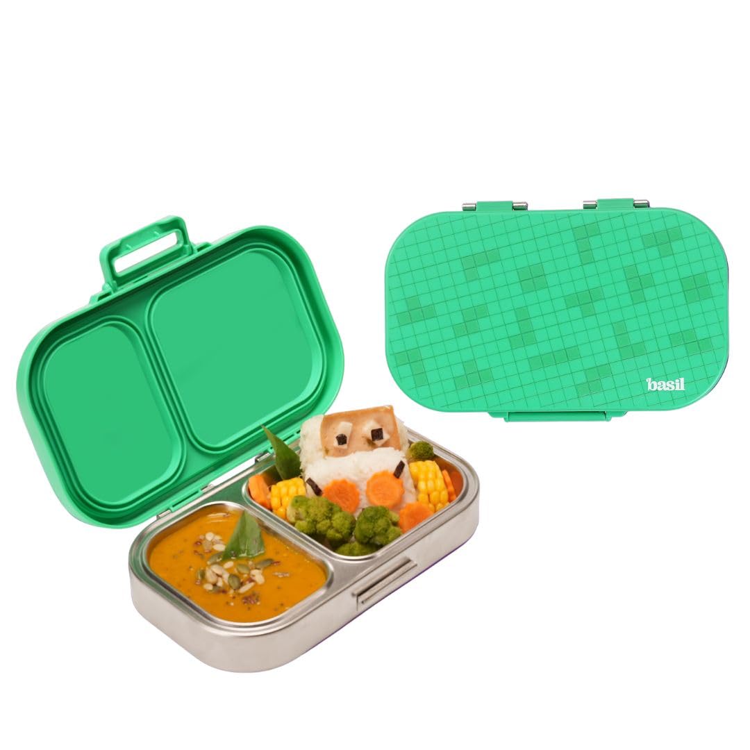 Basil Bento Ace 2C Stainless Steel Lunch Box for Kids | 2 Compartment Leakproof Tiffin Box for Kids, Teens & Adults | BPA-Free, Easy-to-Open School Lunch Box | Retro Stack