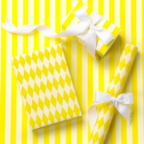 RUSPEPA Reversible Wrapping Paper Roll Mini Roll Yellow and White Stripes and Diamond Pattern Gift Wrap for Birthday Wedding Easter Spring Baby Shower Bridal Shower 17 Inches x 16.4 Feet