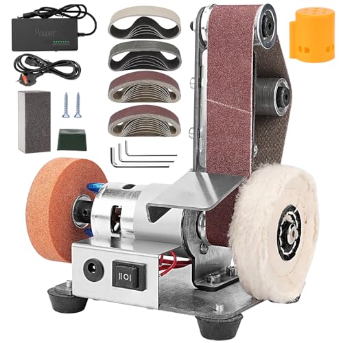 Junchamp 3-in-1 Electric Belt-Sander Polishing-Grinding Knife Sharpener 7 Speed Adjustable Mini Power Sanding Machine Bench Grinder for DIY Model Crafts Jewelry Making Wood Metal Working