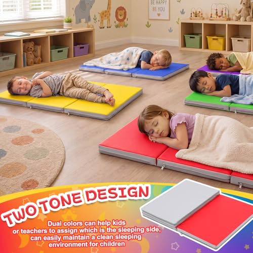 Image of Wesiti 10 Pcs Folding Kids Nap Mats for Preschool Daycare, 3 Section Folding Rest Mats Sleeping for Kids Toddler Nap 1 Inch Thick, Kindergarten School Classroom Supplies (Multicolor)