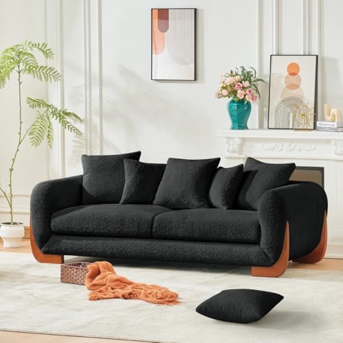 Image of Velvet Contemperory Sofa with Cushion Chaise Lounge Sectional Sofa Perfect for Living Room & Bedroom Guests Home & Office (Boucle Fabric Black, Three Seater)