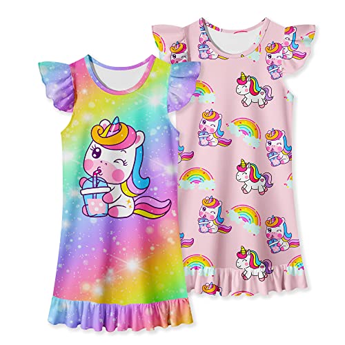 Lqsz Girls Nightgowns Unicorn Nightdress Nightie Sleepwear Pajamas Flutter Short Sleeves Nightgown For Little Girls 5 6T #TOP15