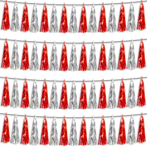 Image of 4P Red Silver Foil Fringe Metallic Tassel Streamers Banner Tassel Garland for Parade Floats, Graduation, Wedding, Birthday, Halloween, Christmas, Bridal /Baby Shower Party Decorations