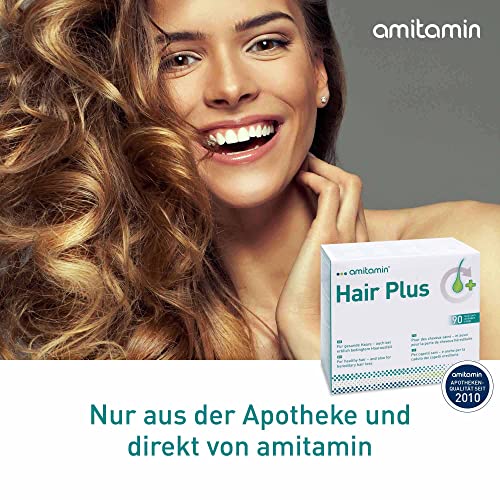 amitamin© Hair Plus Haar Vitamine | 180 Komplex Kapseln 3 Monate hochdosiert | Zink, Kupfer, Biotin, Selen, Folsäure plus 16 wichtige Nährstoffe | auch gegen erblichen Haarausfall | vegan |