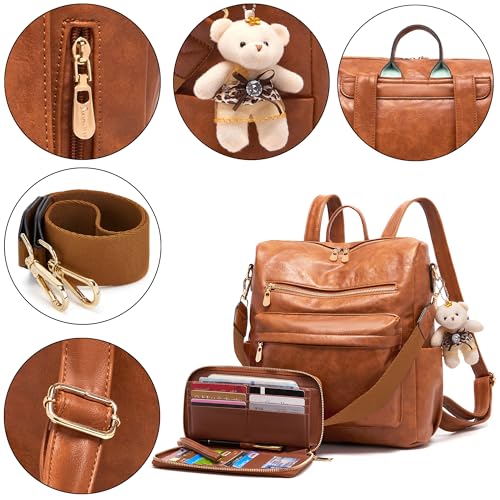 Image of Soperwillton Women Backpack Purse Shoulder Handbags Travel Bag Set 2pcs | Soft PU Leather,Large Capacity,Many Pockets,with a Functional Wallet,with a Detachable Shoulder Strap,Multipurpose Design