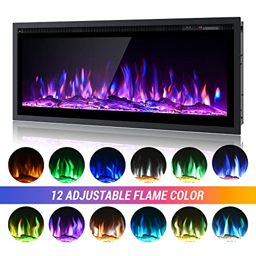 Euhomy Electric Fireplace, 50" Recessed And Wall Mounted Electric Fireplace, Linear Fireplace With 12 Color Flame 5 Flame Settings, Operating Buttons And Remote Control, Log Set And Crystal 750/1500W #TOP3