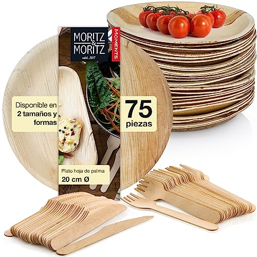Moritz & Moritz set de vajilla de hoja de palma 75 piezas - 25 platos desechables aprox. 20 cm Ø inc. 25 cuchillos y tenedores - Vajilla ecologica desechable alternativa a platos o vajilla de bambú