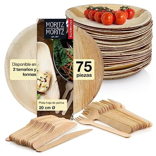 Moritz & Moritz set de vajilla de hoja de palma 75 piezas - 25 platos desechables aprox. 20 cm Ø inc. 25 cuchillos y tenedores - Vajilla ecologica desechable alternativa a platos o vajilla de bambú