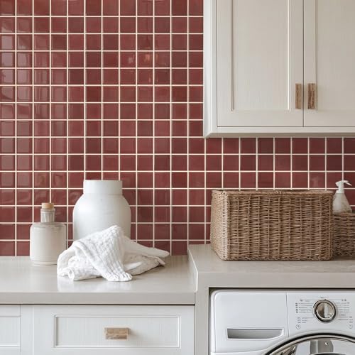 SMOOSTIKC Thicker Dark Red Peel and Stick Backsplash Tiles-10 pcs of 12" x 12"-3D Adhesive Glossy Square Panels Stick on Backsplash Tiles for Kitchen,Bathroom, Vinyl, Waterproof, Interior Wall Tiles by SMOOSTIKC - Used condition - Image 9