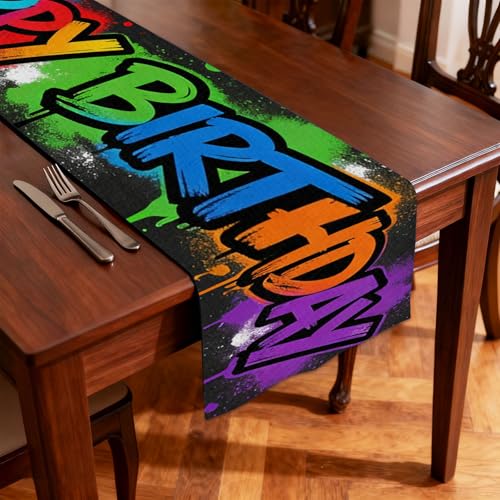 Image of Nuxovilar Graffiti Birthday Table Runner Flax 13x72 in