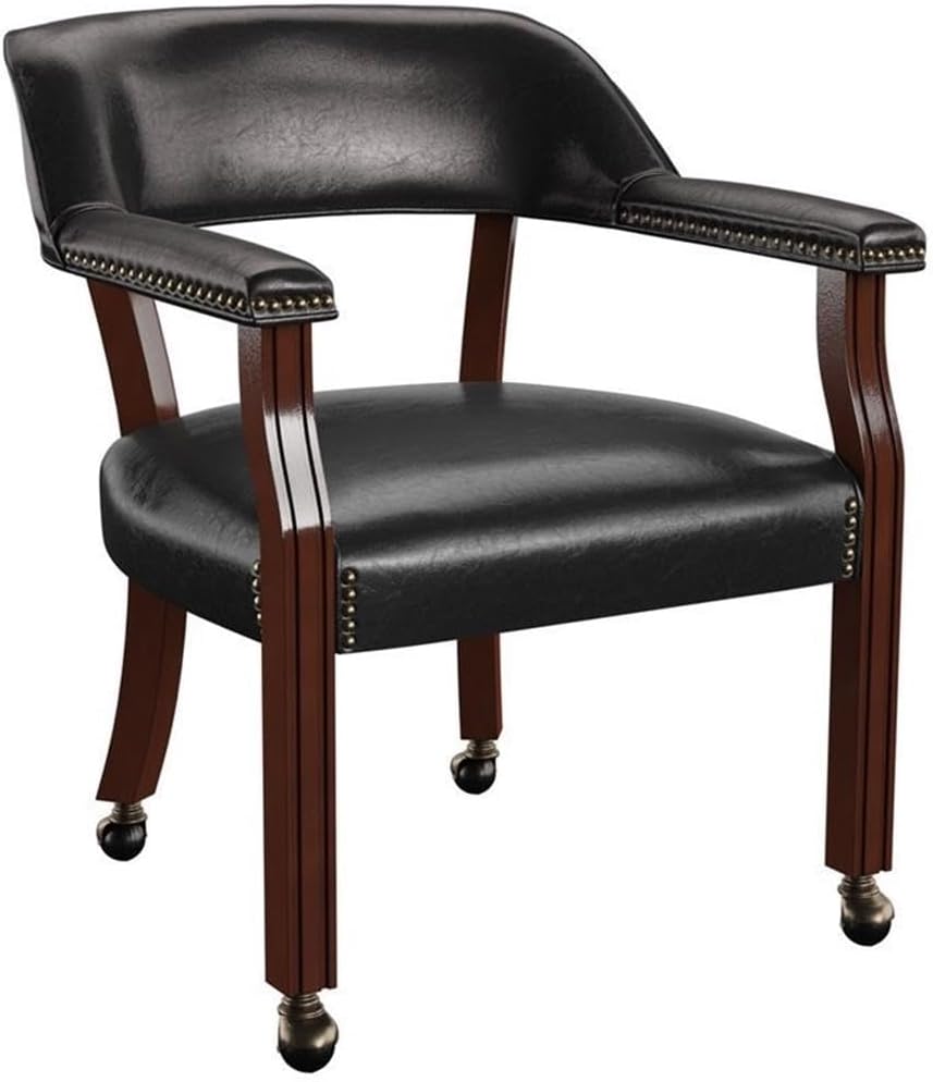 BOWERY HILL Traditional Vinyl Upholstered Formal Arm Chair with Wood Frame & Casters, Nail Trimmed, for Bar Billiards Room/Game Room, in Black & Cherry Finish
