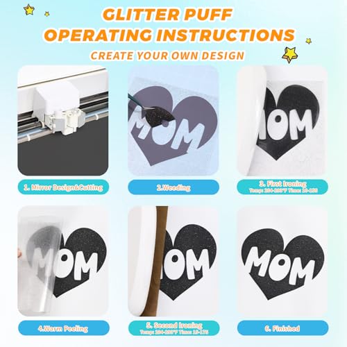 Image of Black Glitter Puff Vinyl Heat Transfer - 12 inch x 5ft 3D Puff HTV Vinyl, Glitter Puffy Iron-On for Fabrics, Perfect for T-Shirts, Bags, Pillows, Compatible with Cricut & Cameo