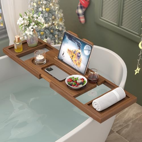 Dorivibe Teak Bathtub Tray, Expandable Wooden Bath Tray for Tub, Luxury Bath Caddy for Bathtub, Birthday & Wedding for Couple Bridal Shower Present, House Warming Gifts New Home