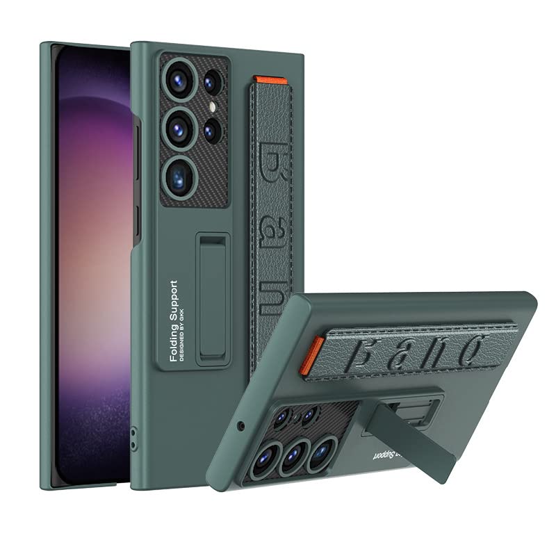 Disonbeir Wrist Strap Case Compatible Galaxy S23 Stand Case,Shockproof Matte Hard PC Back Lens Protection Phone Case for Galaxy S23 Case with Adjustment Kickstand (Green)