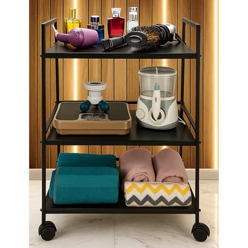 Image of Leader Trolley 3-Tier Rolling Metal Storage Cart, with 360 Wheels, Multipurpose Trolley (Black)