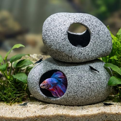Image of Aquarium Cave Decor - 2 PCS Natural Fish Tank Rocks for Betta Hideout and Shrimp Breeding, Hand-Polished Smooth Edges, PH Neutral, Ideal for 5-20 Gallon Tanks, Aquascaping Stone Ornaments