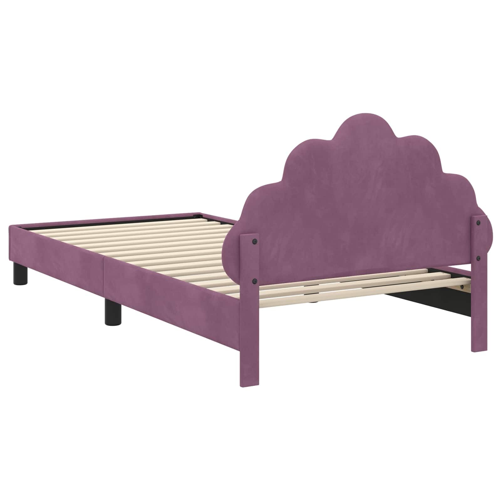 Moderno marco de cama con cabecero en color morado, 90 x 190 cm, tapizado de terciopelo, somier de láminas estable y prácticos compartimentos para libros, 4 piezas