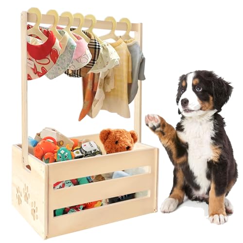 25″ x 17″ x 12″ Wooden Pet Wardrobe Closet,Puppy Toy Basket with Hanging Rods,Pet Clothes Rack for Dog Organization and Storage,Wooden Crate for Dog/Cat Closet,Perfect for Toys Clothes and Accessories