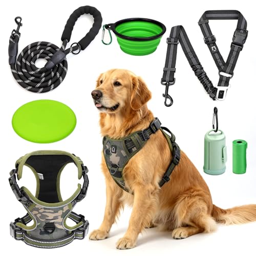 Hundegeschirr, Anti-Zug Hundegeschirr Set & Leine | Inkl. Auto Sicherheitsgurt, Faltbare Näpfe & Kotbeutelspender | Für kleine bis große Hunde | Ideal für Spaziergänge, Training & Reisen