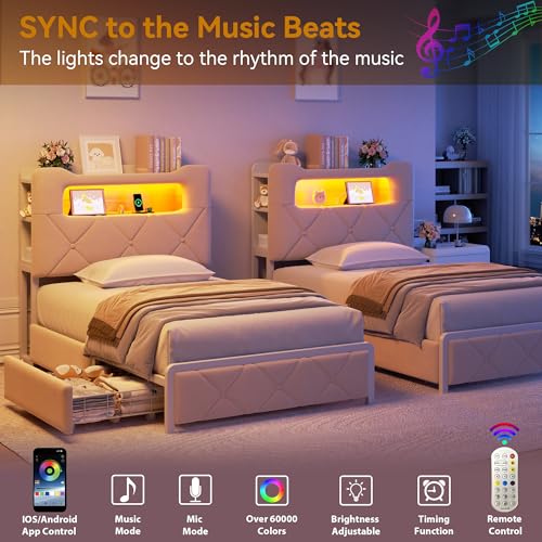 Image of Twin Upholstered LED Bed Frame with 2 Storage Drawers and 2-Tier Storage Bookcase Headboard, Velvet Princess Platform Bed for Kids /Girls /Boys, Heavy Duty Metal Support, No Box Spring Needed, Beige