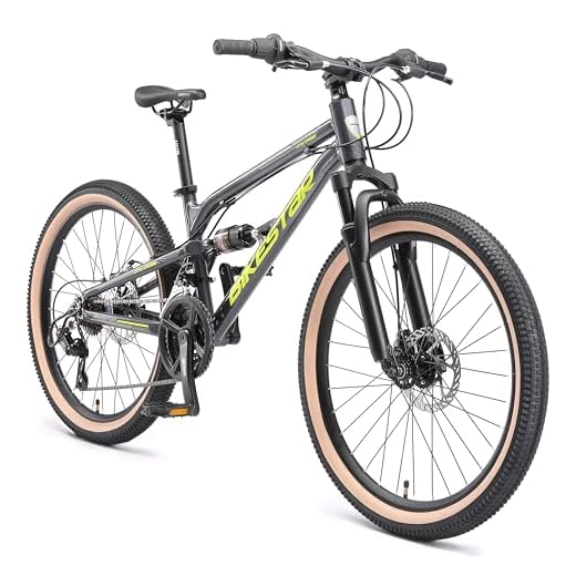 BIKESTAR Kinder Fahrrad Aluminium Fully Mountainbike 21 Gang Shimano, Scheibenbremse ab 9-14 Jahre | 24 Zoll Kinderrad Vollgefedert MTB | Schwarz