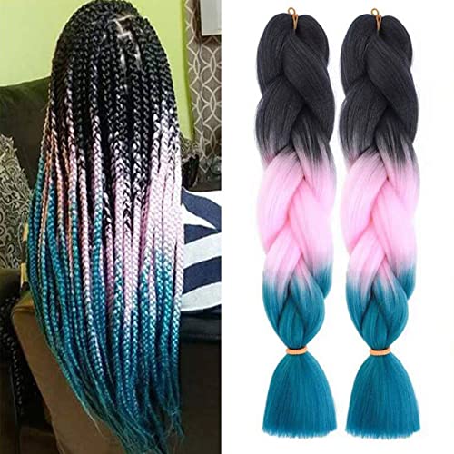 5 Packs Ombre Jumbo Braiding Hair Extensions 24 Inch High Temperature Synthetic Fiber Hair Extensions for Braiding (Black to Pink to Lake Blue)
