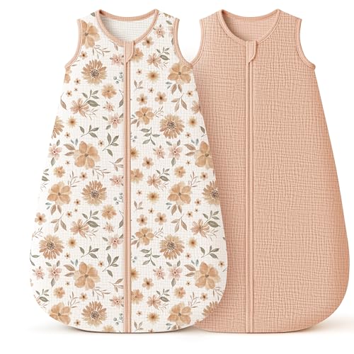 Image of Konssy Muslin Baby Sleep Sack 6-12 Months 0.8 TOG, 2 Pack 100% Cotton Wearable Blanket for Babies, 2-Way Zipper Breathable Sleeping Sack Infant Toddler Essentials for Girls and Boys (Flourish, Toffee)