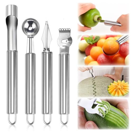 LPZMPZ Vide Pomme CuillèRe à Boule de Melon Couteau Boule à DéCouper Trognon Ensemble D'Outils pour Cantaloup Fruits en Acier Inoxydable 4 en 1 la Cuisine...
