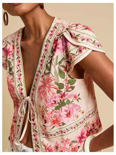 GORGLITTER Women's Floral Tie Front Cardigan Cap Short Sleeve Open Front Tie Vest Tops3