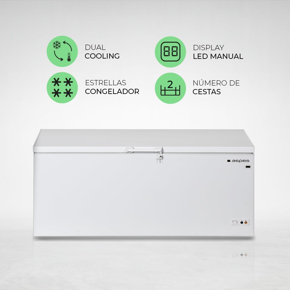 Aspes Congelador horizontal Blanco ACH6200EDC. Capacidad 600 Litros, Dual Cooling, 2 Cestas, Bajo nivel Sonoro, Eficiencia Energética Clase C