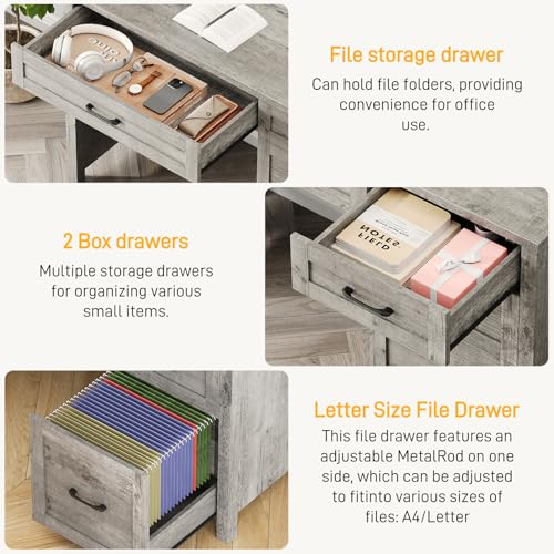 Image of Farmhouse 47 inch Executive Desk with File Drawer, Wood Computer Desk with 4 Storage Drawers, Workstation for Home Office, Study, Writing. (Grey)