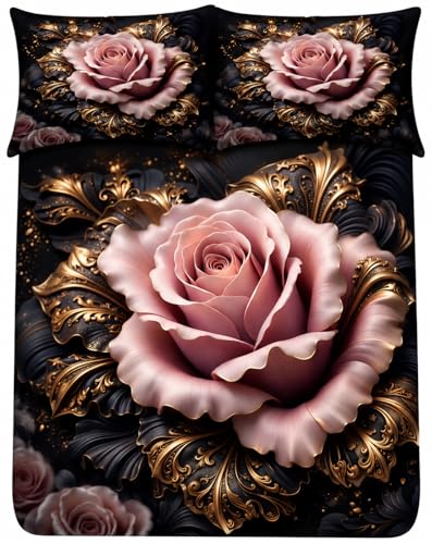 Image of 7D Digital Printed King Size Bedsheet | 240TC Premium Cotton Feel Microfiber with 2 Pillow Covers | Soft Breathable & Wrinkle Free Bedding Set | (BlackFloral, King Size-225x250CM)