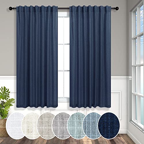 Navy Blue Curtains 45 Inch Length For Dining Room 2 Panels Back Tab Pocket Linen Blend Lightweight Semi Sheer Short Cafe Tier Dark Blue Curtains For Kitchen Farmhouse Bathroom Small Windows 52X45 Long #TOP27