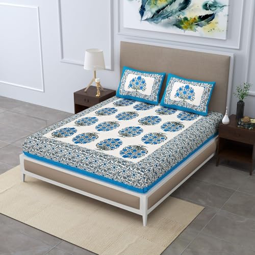 Image of Indian Hand Block Printed 200 TC Cotton Double Bedsheet with 2 Pillow Covers 90 By 100 Inches