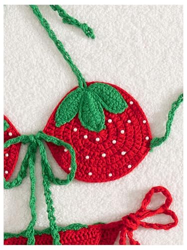 OYOANGLE Women's Crochet Knit Cover Ups Strawberry Halter String Bikini Set Tie Side Bathing Suits3