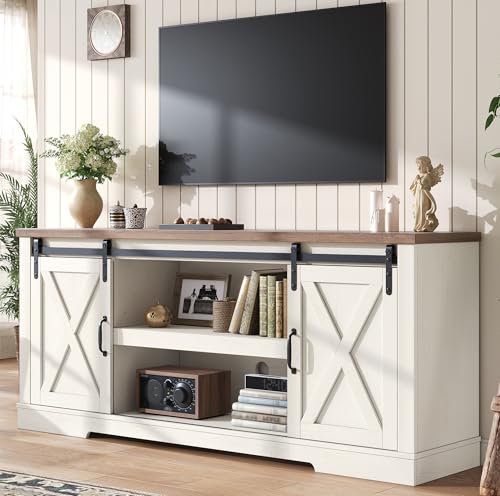 AMERLIFE 66' Farmhouse TV Stand for 75 Inches TVs, Entertainment Center with Sliding Barn Door and Adjustable Shelf & Feet, Console Table with Storage, Distressed White & Rustic
