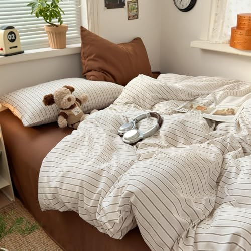 Image of Striped Duvet Cover Full Size Brown Blue Stripes Bedding Set Tan Vintage Striped Geometric Duvet Cover Set Soft Lightweight Microfiber Quilt Cover with Zipper Closure and 2 Pillowcases