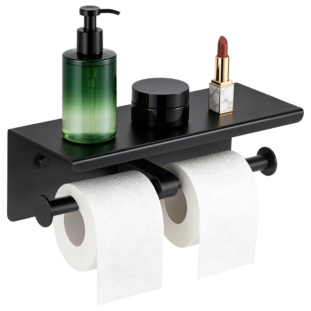 UNICRAFTALE Portarrollos de papel higiénico doble de acero inoxidable 201 negro con estante, para organización de baño, ideal para hogares y hoteles, 270 x 105 x 90 mm