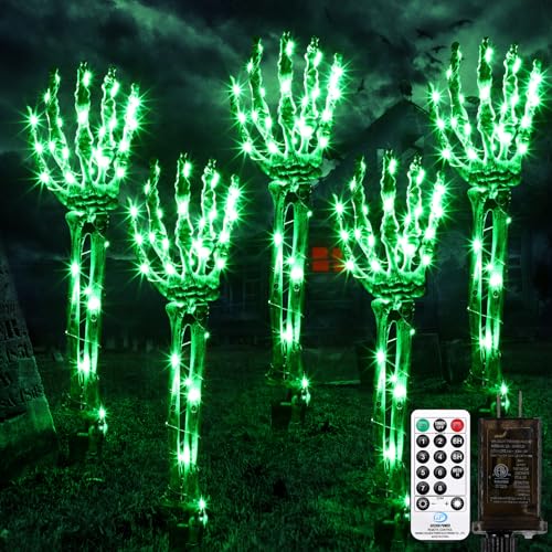 Halloween Decorations Outdoor Skeleton Stakes - 5 Pack Light Up Arm Stakes Decor 150 LED Waterproof...
