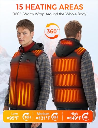 TODWARM Beheizbare Weste Herren mit Powerbank 16000 mAh, 15 Heizzonen Heizweste Herren Abnehmbarer Kapuze Wärmeweste mit Lichtaus Funktion für Camping Motorrad Jagen Angeln Schwarze XL