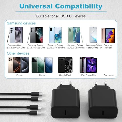 45W USB C Oplader met 2M Kabel voor Samsung Galaxy S25/S24 Ultra/S23+/S23 Ultra/S22/S21/Note20/A54/A53/Z Fold5/Flip5/Fold4/Flip4, Snelle USB C Oplader Plug Snelle USB C Oplaadadapter(2PACK-2M) - Afbeelding 7