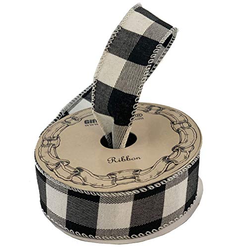 Image of Black White Buffalo Plaid Ribbon - 1 1 /2 inch x 10 Yards, Wired Edge Christmas Tree Ribbon, Rustic, Farmhouse, Wreath Decor, Craft Decoration, Gifts, Birthday, Halloween