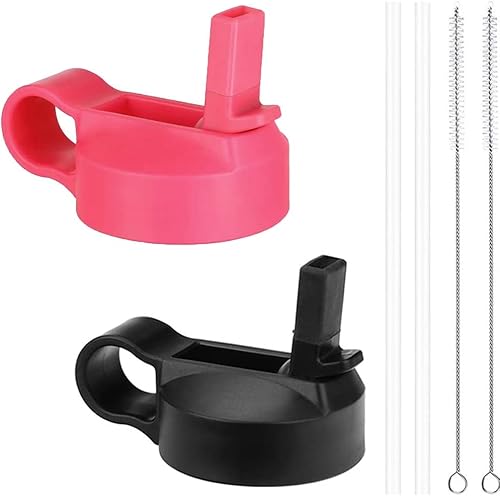 Wide Mouth Straw Lids Compatible with Most Sports Water Bottles, 2 Lids 2 Long Straws 2 Brushes in 1 Value Pack. (WatermelonBlack)