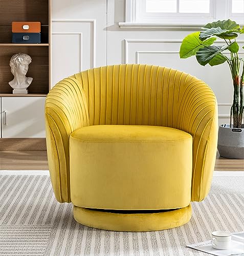 Container Furniture Direct Modern Barrel Swivel Chair with Plush Velvet Upholstery and Smooth 360° Rotation, Round Accent One-Seater Sofa for Living Room, Bedroom and Office, Yellow
