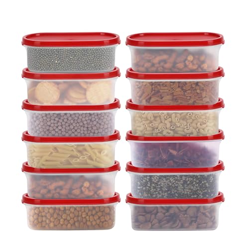 Cutting Edge Modular Containers Oval with Plain Lid Set for Rice, Dal,Atta, Flour, Cereals, Pulses, Snacks, Stackable, 535 ML Set of 12 - Red Lids