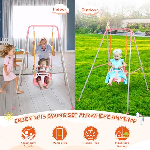 4-in-1 Swing Set & Baby Jumper and Bouncer for Toddler, Heavy Duty Baby Swing Set with Foldable Metal Stand for Indoor & Outdoor Play, Adjustable Swingset for Toddler (Pink) - Thumbnail 5